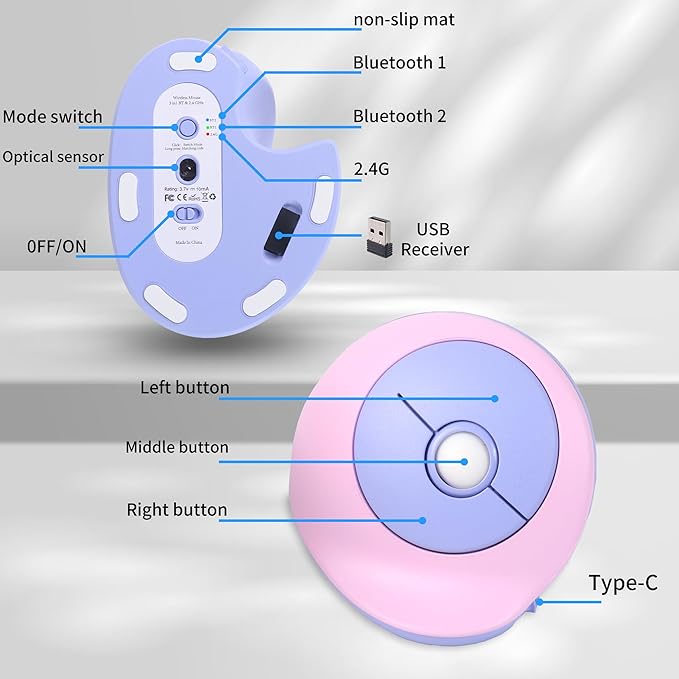 Wireless Mouse Ergonomic Vertical Mouse with Bluetooth & 2.4GHz USB Receiver 3 Buttons Rechargeable Silent Portable Optical USB Cordless Mice for Laptop PC Desktop Tablet Kids Adults Gifts (Purple)