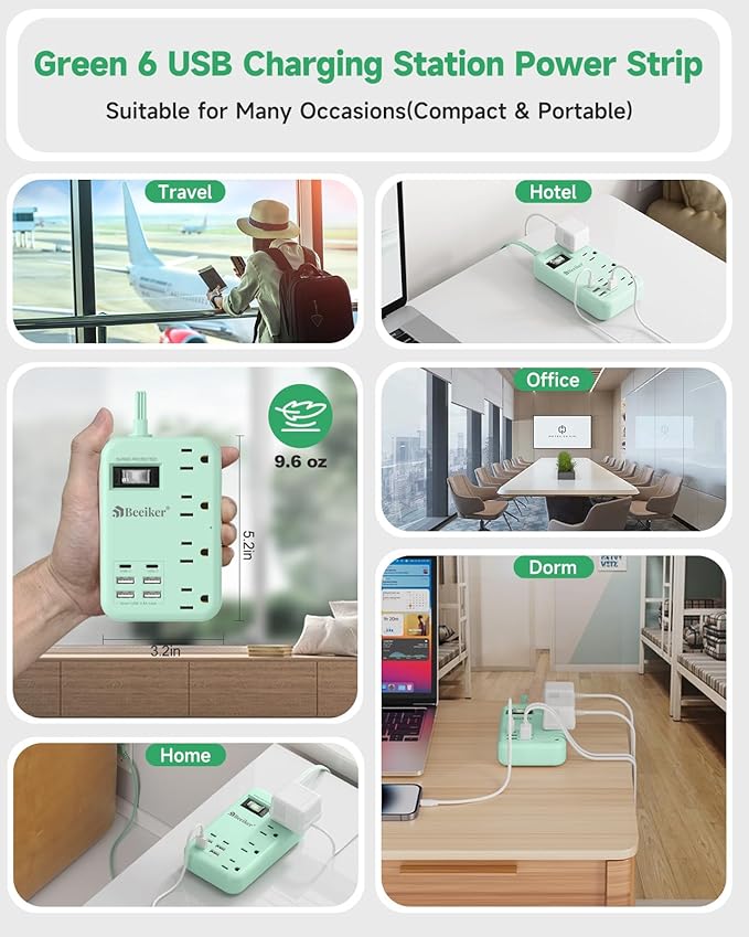 6 USB Green Travel Power Strip- 5Ft Green Extension Cord with 4.8A 2 USB C Charging Station and 4 Outlets, Cute Desk Accessories with Switch for Kawaii Pink Home Office College Dorm Room 24W