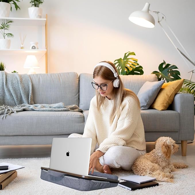 Portable Lap Desk for Laptop with Cushion, Storage Bag Fits Up to 15.6 Inch Laptop, Adults with Ipad/Phone&Pillow Holder for Home Office Bed Couch - Walnut Color