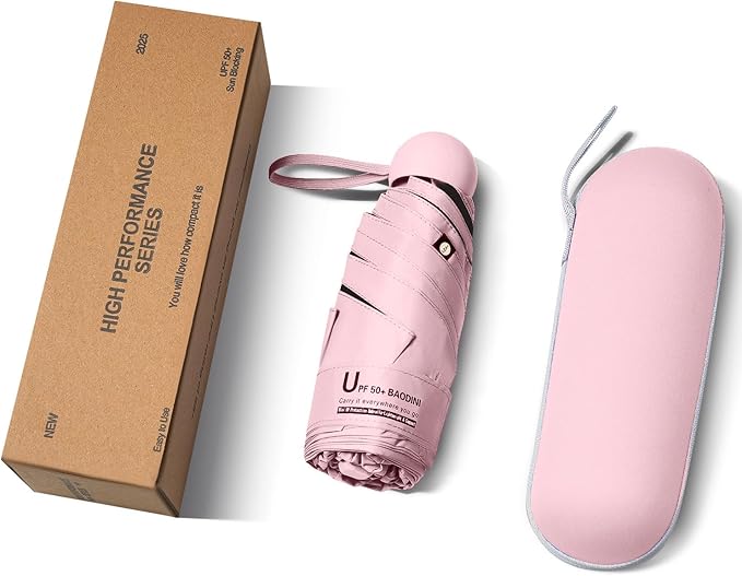 BAODINI Travel Essentials Mini Umbrella for Purse With Case Small Compact UV Sun Protection Lightweight Tiny Pocket Manual Open Close Umbrella for Women Kids and Men Fit Purse Backpack