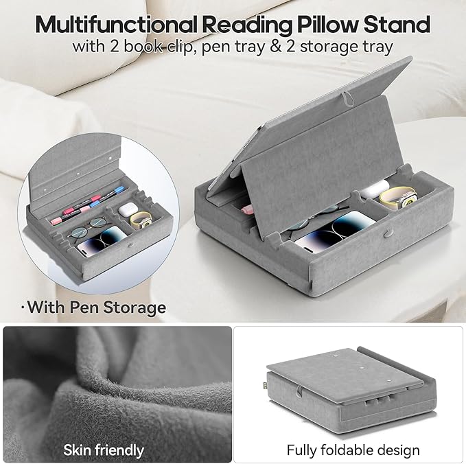 KDD Book Stand with Storage, Multi-Angle Viewing Reading Tablet Holder for Lap, Bed, Desk and Couch, Foldable I-pad Pillow Holder with Organizer Tray for Book,Tablet, Cell Phone, E-Reader (4.7"-15")
