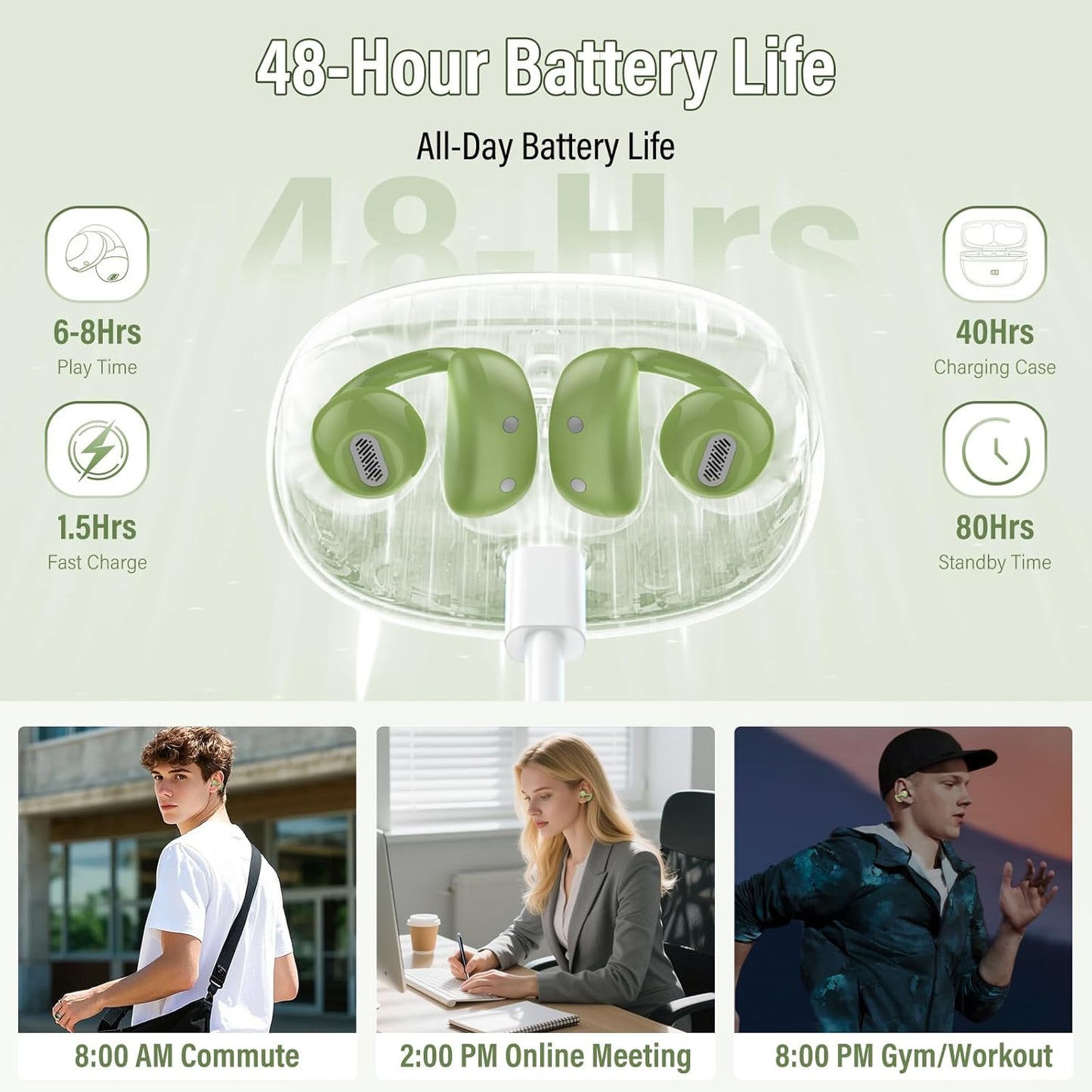 Open Ear Earbuds,Wireless Earbuds Bluetooth 5.4 Ergonomic Clip-On Ear buds, Bone Conduction Over The Ear Headphones 48H Playtime, Perfect Running Headphones for Sports IPX7 Waterproof Touch Controls