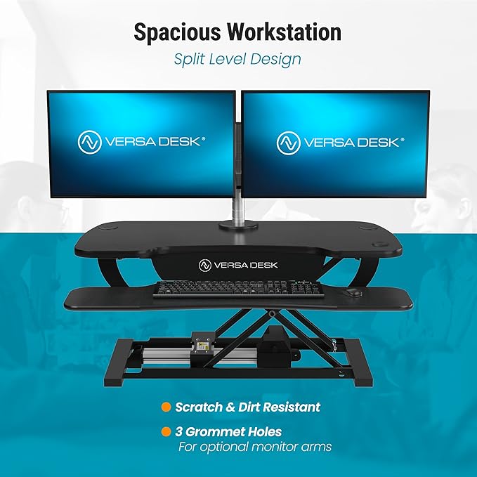 VERSADESK PowerPro™ 36 Inch Electric Standing Desk Converter, Height Adjustable Sit to Stand Up Desk Riser, Laptop and Dual Monitor Desktop Workstation with Wide Keyboard Tray and USB Port, Black