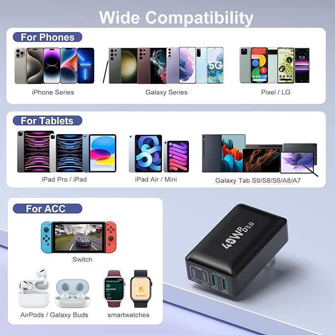 USB C Wall Charger 40W, Excgood 4-Port Flat USB C Charging Block Dual PD+QC Slim Fast Foldable Wall Plug Travel Compatible for iPhone 16 15 Pro Max 14 13 iPad Watch Galaxy S24 Pixel,2Pack Black White