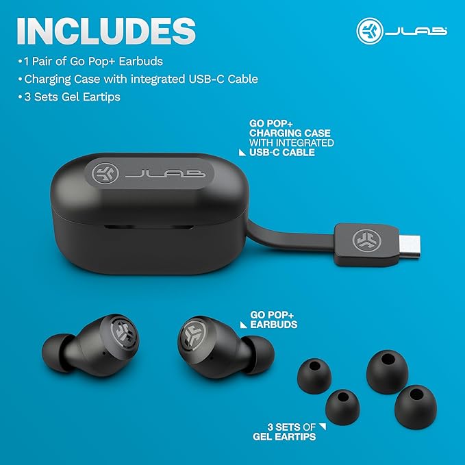 JLab Go Air Pop+ True Wireless Earbuds, in Ear Headphones, Bluetooth Earphones, 35H Playtime Ear Buds, Bluetooth Earbuds with Microphone, USB-C Charging Case, Dual Connect, EQ3 Sound, Black