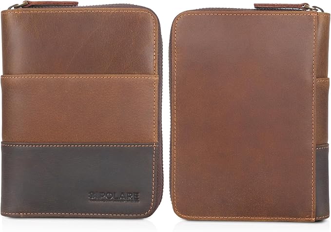 Polare Full Grain Leather Travel Passport Wallet with YKK Zipper and RFID Blocking Document Organizer Holder 2 Passports (Cocoa Brown)