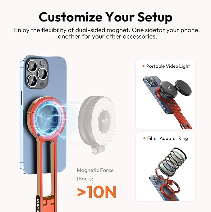 ULANZI MA30 Magnetic Phone Tripod Stand for iPhone - Aluminium Maglock Smartphone Mini Tripod Pocket Cell Phone Stand Strong Magnet Quick Mount Compatible with iPhone 17 16 15 14 13 12 Series, Orange