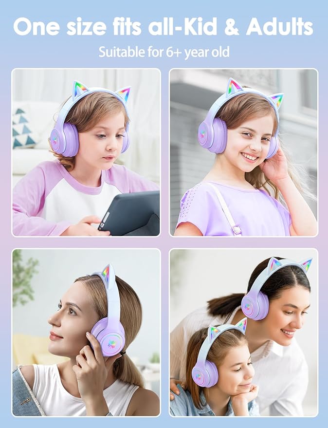 Cat Ear Bluetooth Headphones with Micphone for Kids & Adults, LED Light Up Wireless HI-FI Sound Quality, Over-Ear Headphones with Volume Control for iPhone/iPad/Laptop/PC(55H Play Time)
