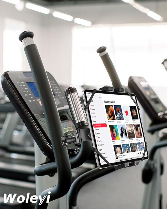 woleyi Spin Bike Tablet Holder - Treadmill Tablet Mount Handlebar Clamp for Indoor Bike Peloton, Stationary Exercise Bicycle Clip for 4.7-13" Tablets iPad Pro, Air, Mini, Galaxy Tab, Fire HD, iPhone