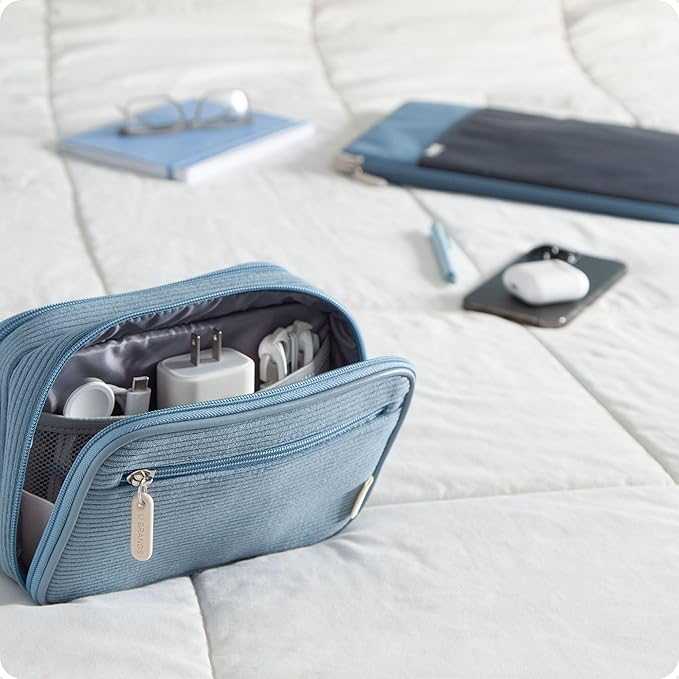 U Brands Dual Zip Corduroy Travel Electronics Organizer, Tech Carry Case, Portable Travel Bag, Cord Storage, 8" x 5.25" x 2.5", Haze Blue