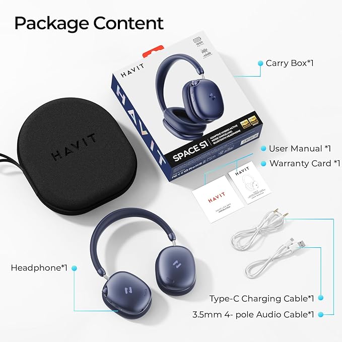 havit Hybrid Adaptive Active Noise Cancelling Headphones Wireless Space S1, Over Ear Headphones,Bluetooth 6.0, 100H Playtime, ENC, 3D Sound, Custom EQ via App, Travel, Office,Home,Blue