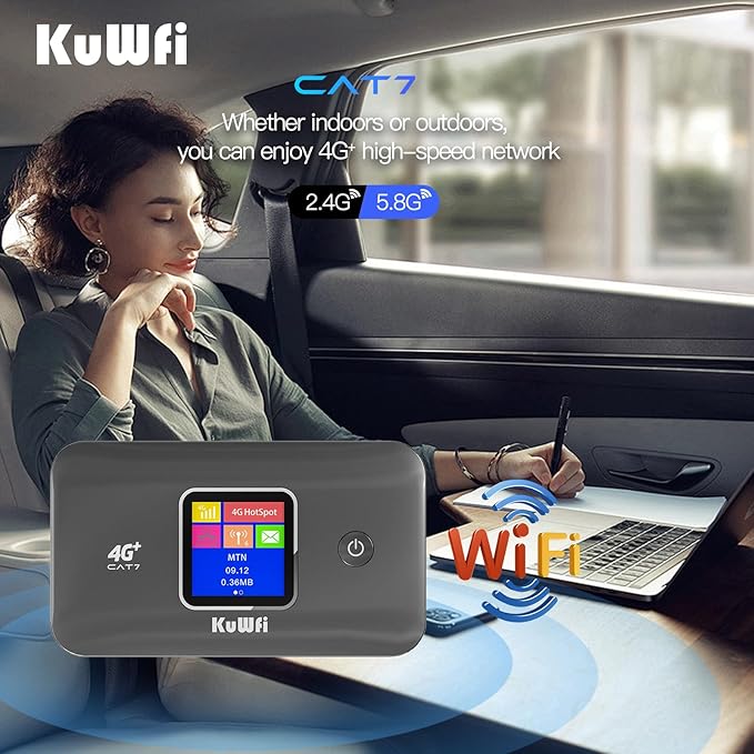 KuWFi 4G+ CAT7 Unlocked 4G LTE Mobile WiFi Hotspot, 300Mbps High-Speed Travel Router with SIM Card Slot for RV/Camping/Trips, Works with T-Mobile AT&T