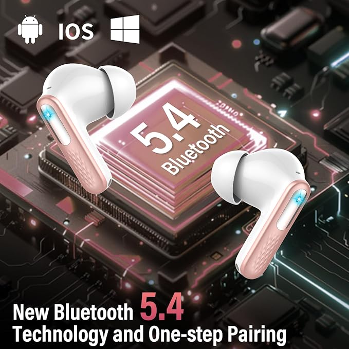 Wireless Earbuds, Bluetooth 5.4 Headphones with Multifunction Touch Screen, 48H Deep Bass Stereo Ear Buds, 5 EQ Modes, ANC/ENC Noise Cancelling, Transparency Mode, IPX7 Bluetooth Earbuds, Rosa