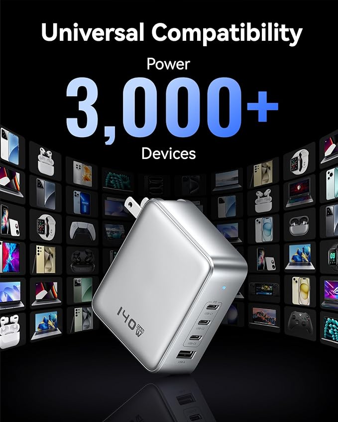 140W GaN USB C Wall Charger, 4-Port PD3.1 Laptop Charger Block Foldable Compact PPS Fast Power Adapter for MacBook Pro/Air, Dell XPS, iPad Pro, iPhone 17/16 Pro, Galaxy S25/S24, Steam Deck, and More