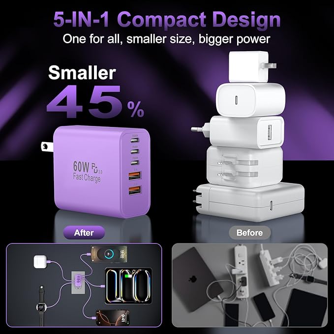 USB C Fast Wall Charger Block, 2Pack 60W USBC Charging Cubes, 5-Port PD+QC Power Adapter Multiport Brick Type C Box Plug for Phone 16/15/14/13/12/11/Pro Max/Plus, Pad Mini/Pro/S25/S24-Purple