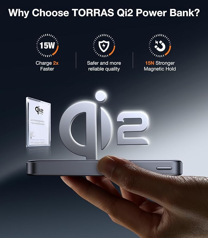 TORRAS MiniMag Qi2 Power Bank, Ultra-Slim 10,000mAh iPhone Air Magnetic Battery Pack, Qi2 Certified 15W Ultra-Fast Compatible Portable Charger, Ergonomic Design, for iPhore 17/16/15/14/13/12, Gray