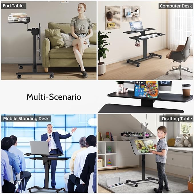 Pneumatic Standing Desk with Wheels - Adjustable Height 28" - 46" & 0-90° Tilt, 31.5" x 17.7" Skin-Feel Desktop, Rolling Computer Desk for Home Office, Hospital, School (Black)
