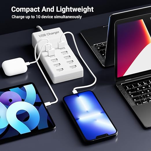 10-Port USB Charger Block - 50W10A Multi USB Charging Station for iPhone/iPad/Samsung Galaxy Note Tablet Android Smartphone(White)