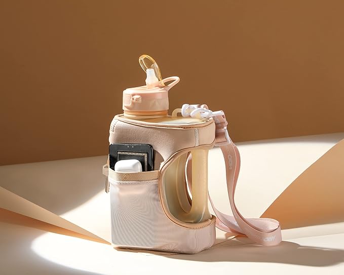 H2O Capsule Half Gallon Cube Square Water Bottle - 2.2L Water Bottle with Strap, Storage Sleeve, Covered Straw and Chug Lid – BPA Free Reusable Sports Water Jug with Handle, (68 Ounce), (Neutral)