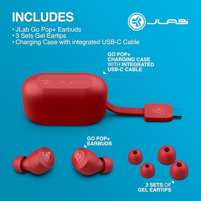 JLab Go Air Pop+ True Wireless Earbuds, in Ear Headphones, Bluetooth Earphones, 35H Playtime Ear Buds, Bluetooth Earbuds with Microphone, USB-C Charging Case, Dual Connect, EQ3 Sound, Rose