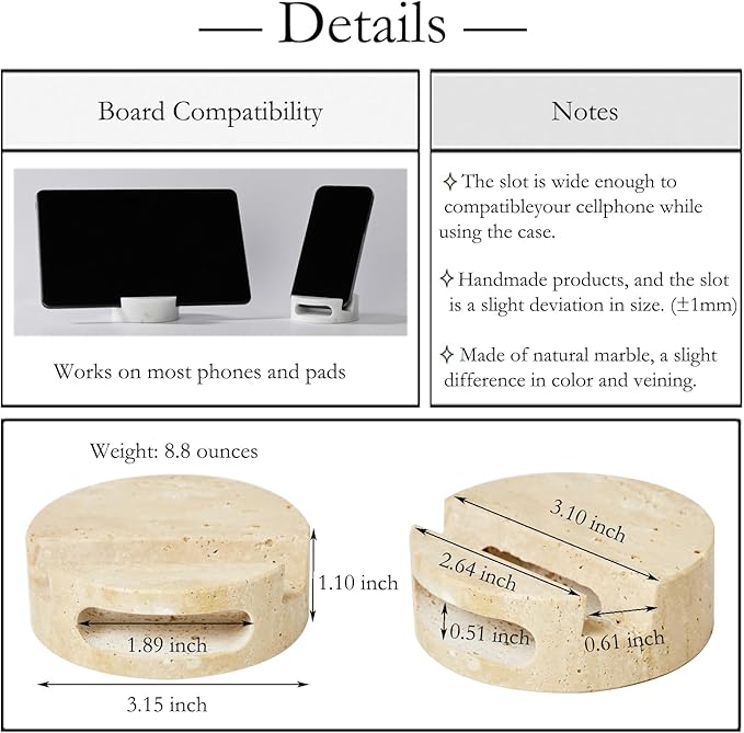 Luxury Marble Cell Marble Phone Stand with Sound, Phone Holder for Cellphone Tablet On Office Desk,Kitchen,Countertop, Nightstand,Round, Beige Travertine