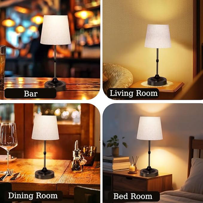 Cordless Lamp, Rechargeable Battery-Operated Lamp with Fabric Lampshades, 2 Pack Dimmable Desk Lamps for Kitchen, Bedroom, Living Room, Nightstand, Balcony, Home Décor (Black)