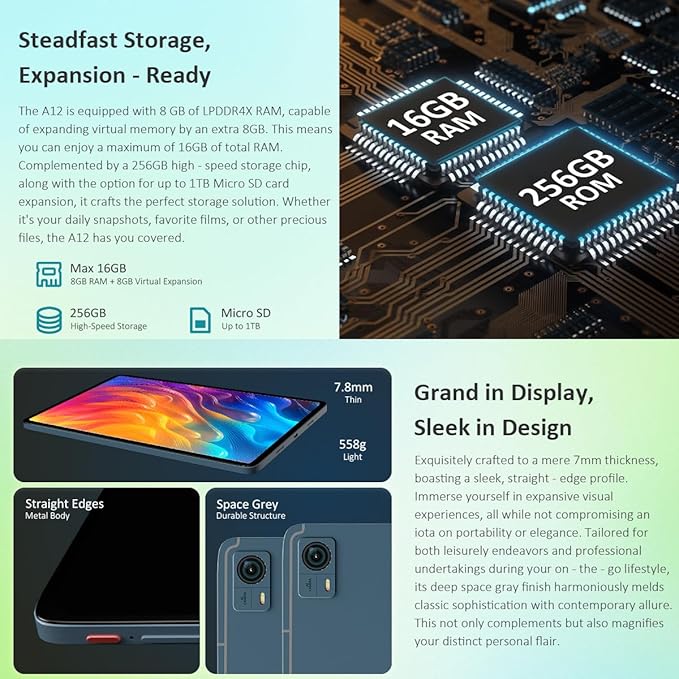 Android Tablet with SIM Card Slot Unlocked, 12 in Large Tablets, 16GB RAM+256GB ROM, 4G LET Cellular Tablet, WiFi BT5.0 GPS Octa-Core, 8000mAh, Dual Camera, Supports Telephone Functions