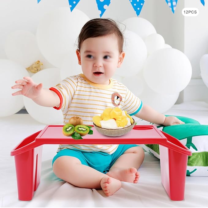 12PCS Kids Lap Desk Tray, Portable Plastic Activity Table, 19.69×9.84×7.1in Lap Bed Table with Storage Slots & Cup Holder, for Eating, Writing, Kids (Red)
