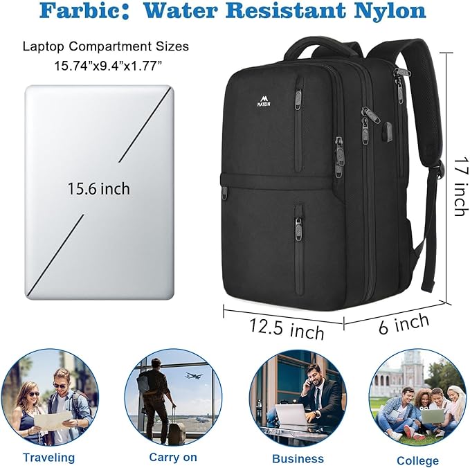 MATEIN Travel Laptop Backpack, Flight Approved Carry on Backpack with USB Port & Shoe Compartment, Large Personal Item Bag Fits 15.6 inch Laptop, Water Resistant Luggage Overnight Weekender Bag, Black