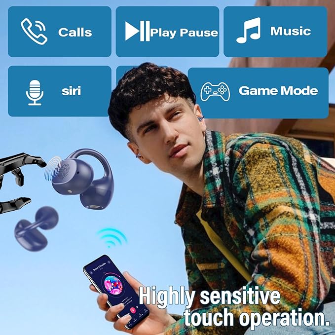 Open Ear Earbuds,Wireless Earbuds Bluetooth 5.4 Ergonomic Clip-On Ear buds, Bone Conduction Over The Ear Headphones 48H Playtime, Perfect Running Headphones for Sports IPX7 Waterproof Touch Controls