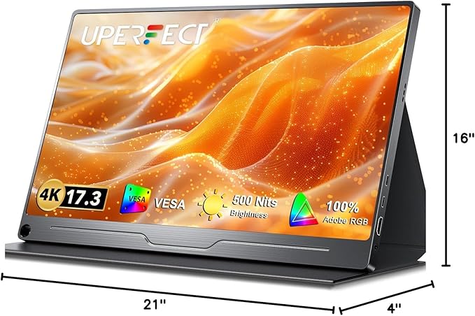 UPERFECT 17.3'' 4K Portable Monitor QLED, 500 Nits 100% DCI-P3 UHD FreeSync HDR 2 Speakers Eye Care Travel Monitor, 2 Fully Functional Type-C Port & HDMI for Laptop PC Phone, VESA & Kickstand