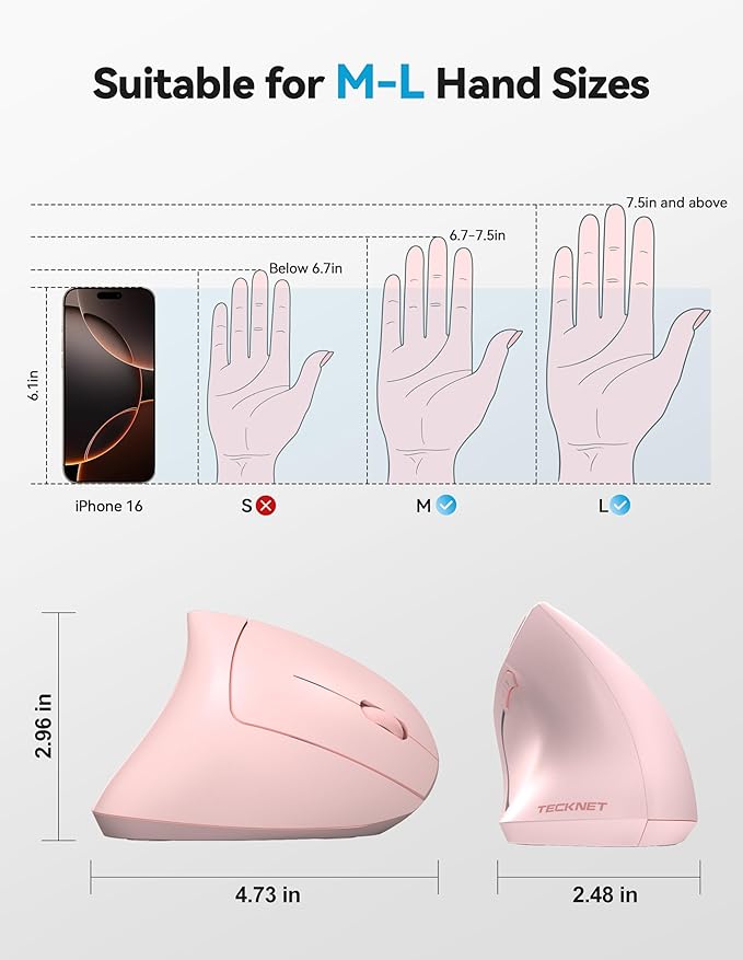TECKNET Ergonomic Mouse, Rechargeable 2.4G+Bluetooth Vertical Mice 6 DPI Adjustable, Wireless Optical Carpal Tunnel Mouse for Right Hand, Silent 6 Buttons for Laptop, PC, MacBook, iPad - Pink