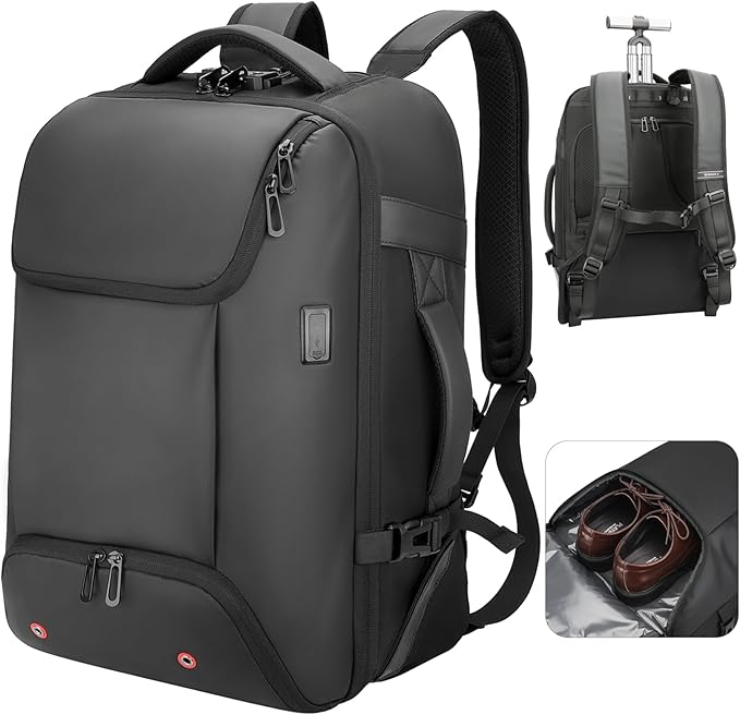 Carry On Backpack,17.3" Travel Backpack with Shoe Compartment,50L Wheeled Backpack Carry On Luggage,Laptop Compartment & USB Charging Port & TSA Approved Lock for Business,Black