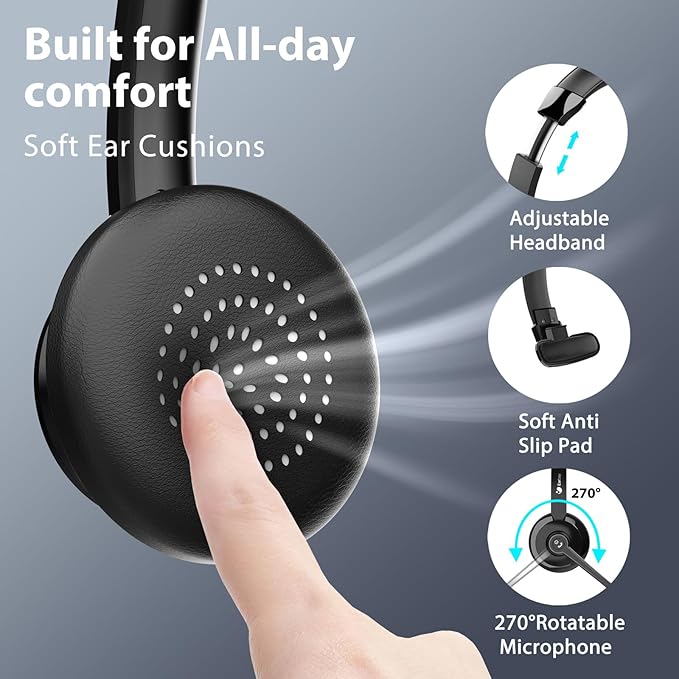 Wireless Headset with Mic for Work: 6.0 Bluetooth Headset with AI Noise Cancelling Mic,45 Hours Worktime & Mute Button, Headset with Microphone for Pc, iPhone,Computer,Remote Work,Office,Zoom, Skype