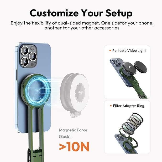 ULANZI MA30 Magnetic Phone Tripod Stand for iPhone - Aluminium Maglock Smartphone Mini Tripod Pocket Cell Phone Stand Strong Magnet Quick Mount Compatible with iPhone 17 16 15 14 13 12 Series, Green
