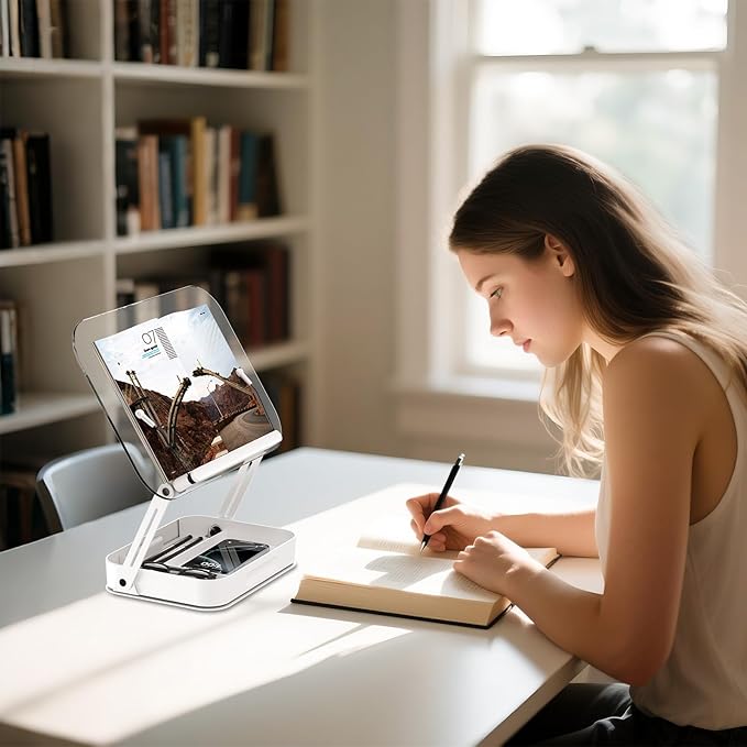 ASIEIT Book Stand for Reading, Adjustable Book Holder with 360° Rotating Bases & Elastic Page Clips, Foldable Desktop Riser with Storage, Display Stand for Bible, Laptop, Recipe, Textbook