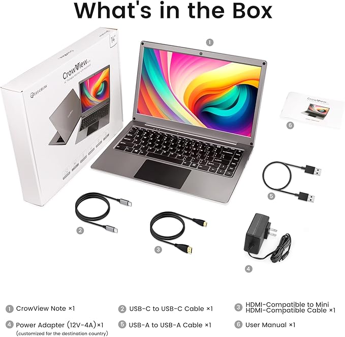 Portable Monitor with Keyboard,14inch 1080P FHD Lapdock Compatible with Raspberry Pi/Mini PC/Phone/PC/Game Console,CrowView Note Built-in Battery(Full Feature TypeC & HDMI Cable Included)