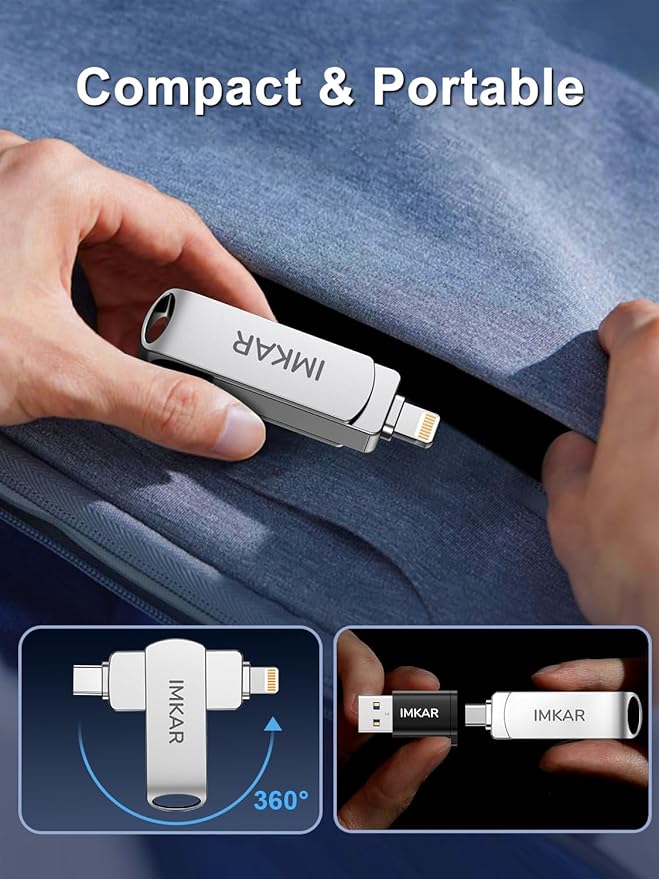 MFi Certified 256GB Flash Drive for iPhone iPad, IMKAR Memory Stick Storage for Photos Videos, Compatible with iPhone iPad Android and PC, Plug and Play No Application Required (Metal Silver)