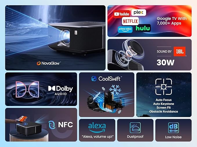 K3 Smart Projector with GTV, 30W Speaker Sound by JBL, Dolby Audio, Home/Outdoor Movie Projector with WiFi6 and Bluetooth, Auto Screen Adaptation,Netflix 7000+app