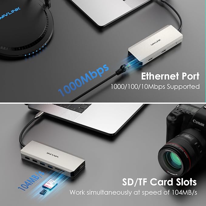 WAVLINK USB C Docking Station Dual Monitor, USB C Hub Laptop Triple Display, USB to 2 HDMI,DisplayPort, PD Charging,Ethernet,5 USB,SD/TF Card Reader,Audio for MacBook, Dell, HP, Lenovo, Surface