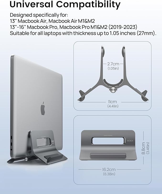 SODI Vertical Laptop Stand for Desk, Gravity Auto Lock MacBook Stand, Aluminum Laptop Holder Vertical Compatible with MacBook Pro, Air, Tablet, Space-Saving Organize Work & Home Office, Gray