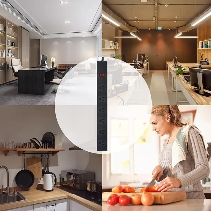 Metal Wall Mount Power Strip, Mountable Power Outlet with 6 AC Outlets, Aluminum Alloy Mount Power Socket with Switch, 15 FT SJT 3/C 14AWG Power Cord, 15A 125V 1875W (6AC) Black