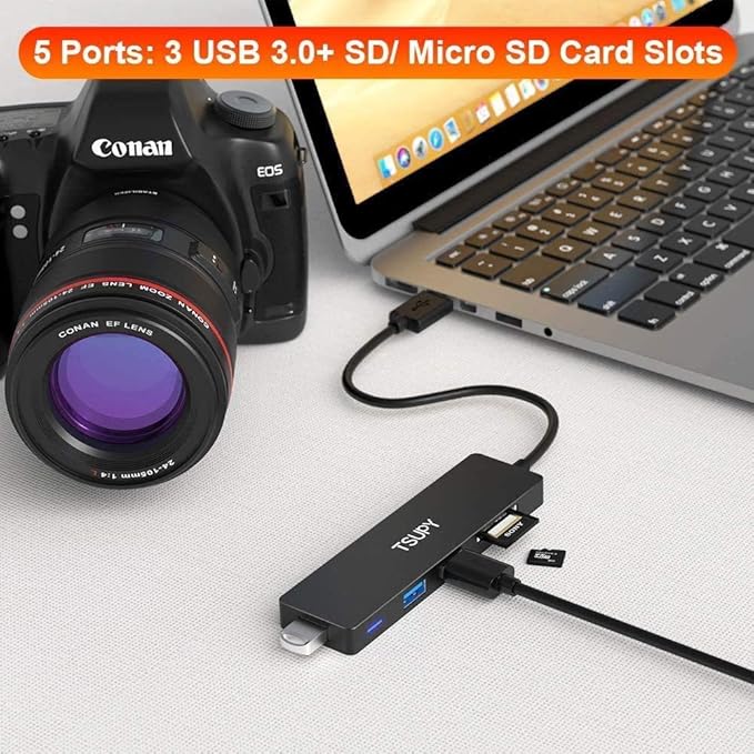 USB Hub 3.0, TSUPY 5 in 1 Multiport Adapter USB 3.0 Hub with SD Micro SD Card Reader, 3 USB 3.0 Ports Compatible for Laptop, MacBook, PC, Printer,Surface Pro, USB Flash Drives