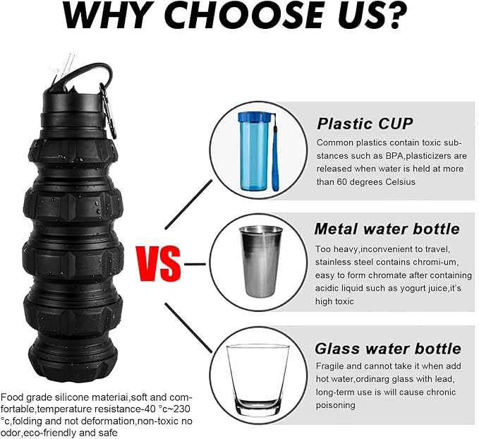 QiCheng&LYS Collapsible Water Bottle Sports Bottle 19.5OZ/580ml Travel Water Bottle for men women kids. BPA Free Food Grade Silicone. (Black)