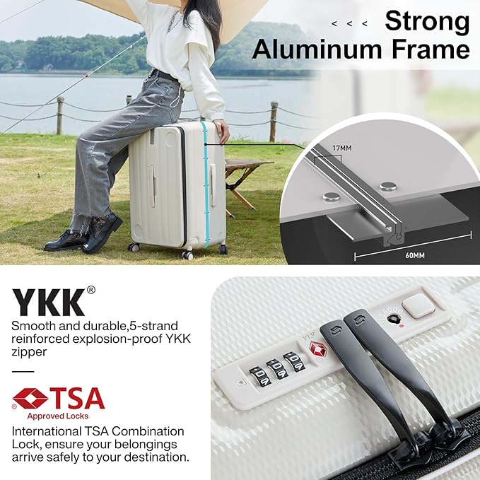 Hanke Multifunctional 26 Inch Checked Luggage Hard Shell Suitcases with Wheels Travel Trunk Style Luggage Large Rolling Suitcase for Women Men(Ivory White)