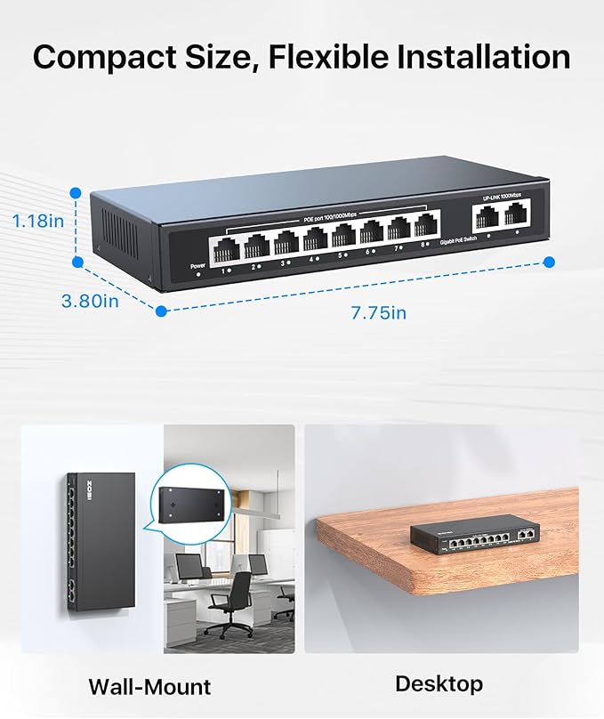 ZOSI 8 Port Gigabit PoE Switch with 2 Gigabit Uplink Port, 96W for 8 PoE+ Ports, IEEE802.3af/at, Unmanaged Ethernet Switch, Plug & Play, Sturdy Metal Casing, Desktop/Wall-Mount