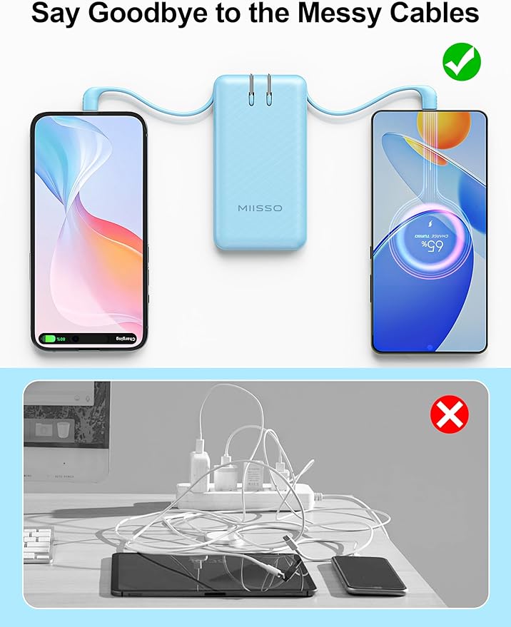 miisso Ultra Slim 10000mAh Power Bank Built-in Cables and Foldable AC Wall Plug, Pocket Size USB C Portable Charger, External Battery Pack Compatible with iPhone Samsung iPad etc, Blue
