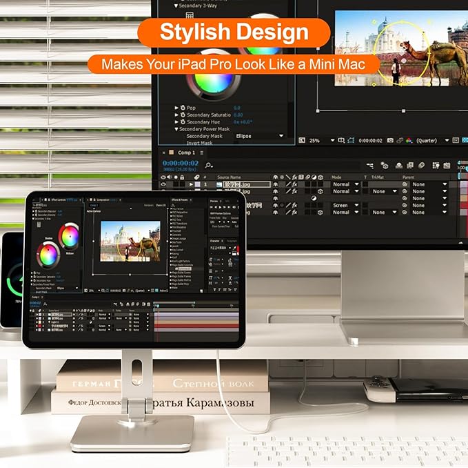 Magnetic Charging Stand for iPad Pro 11, Aluminum Foldable Charger Stand with 360° Rotation, USB-C Fast Wireless Charger Station for iPad, Holder Mount for Office (Rechargeable Version)