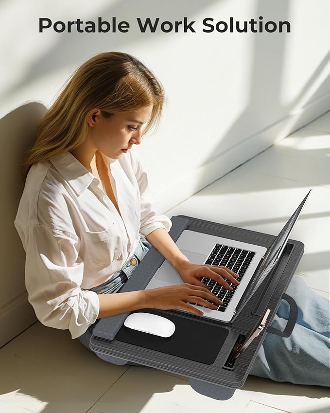 Lap Desk - Up to 17” Laptop Tray with Wrist Rest, Portable Handle, Fixed Mouse Pad, Tablet & Phone Slots, Laptop Stand for Bed with Cushion (Black)