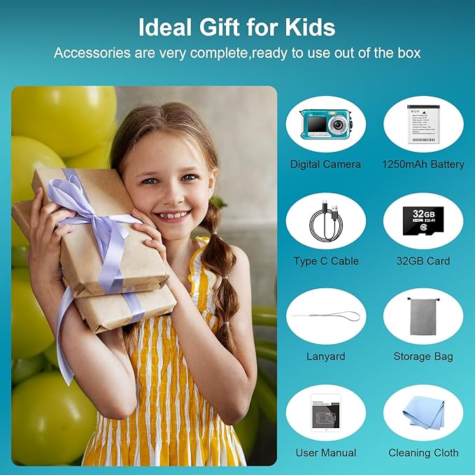 4K Underwater Camera 56MP Autofocus 16FT Waterproof Camera Dual-Screen Selfie 16X Underwater Camera for Snorkeling Waterproof Compact Floatable Digital Camera with 32GB Card